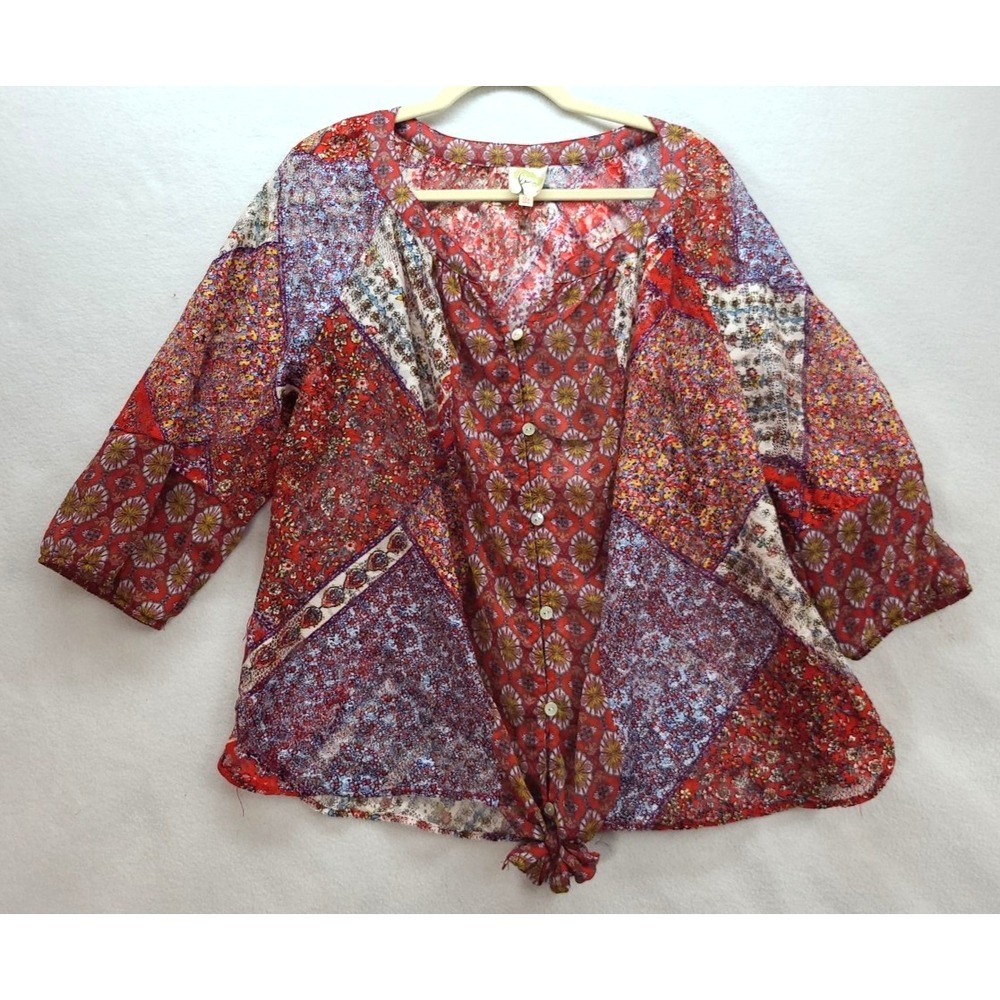 Fig and Flower 2X Sheer Mesh Button Up Blouse Top Boho Hippie Floral MOP buttons